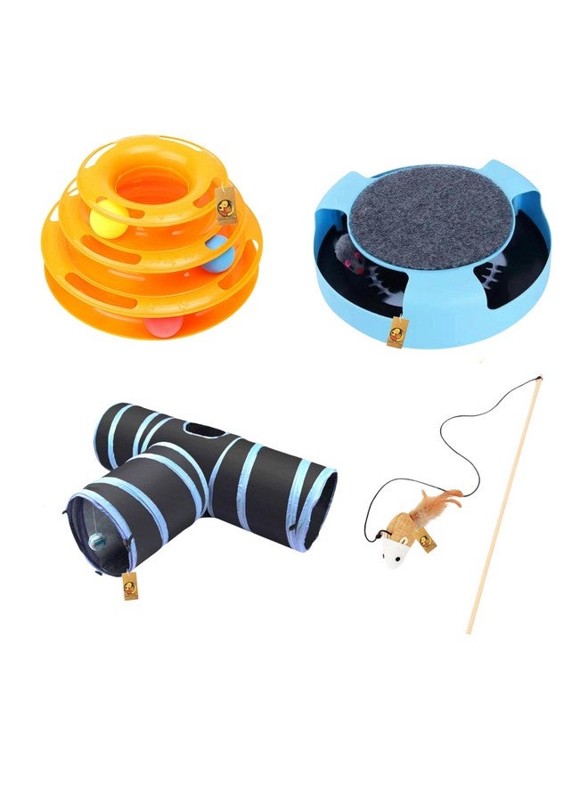 صندوق هدايا ألعاب تفاعلية 4 في 1 للقطط والقطط الصغيرة (مجموعة ألعاب القطط) | لعبة إغراء القطط مع جرس الفأر، لعبة الإمساك بالفأر، لعبة من 3 طبقات، لعبة نفق ثلاثية الاتجاهات - Image 1