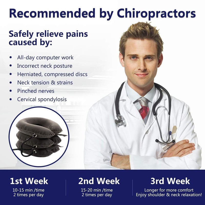 شابية جهاز شد الرقبة العنقي – مشد عنقي قابل للنفخ والتعديل، دعامة رقبة لتخفيف الألم والضغط وإراحة التوتر (رمادي) - Image 3