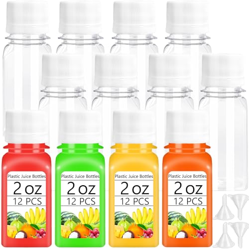 Haawooky 12 Pcs 2oz Mini Plastic Juice Bottles with White Caps,Reusable Ginger Shots Bottle with 4 Funnels,Clear Empty Beverage Containers for Juice,Smoothie,Milk - Image 1