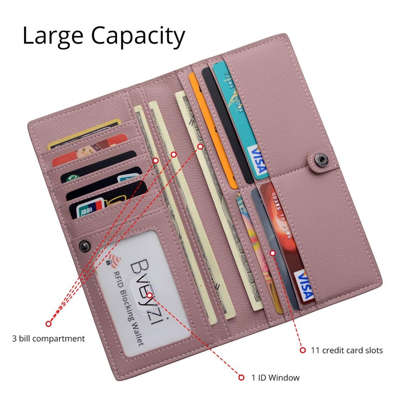 Bveyzi Ultra Slim Thin Leather RFID Blocking Credit Card Holder Bifold Clutch Wallets for Women (Dark Pink) - Image 4