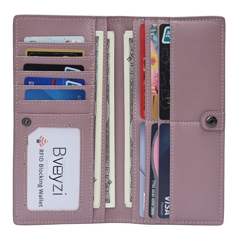 Bveyzi Ultra Slim Thin Leather RFID Blocking Credit Card Holder Bifold Clutch Wallets for Women (Dark Pink) - Image 2