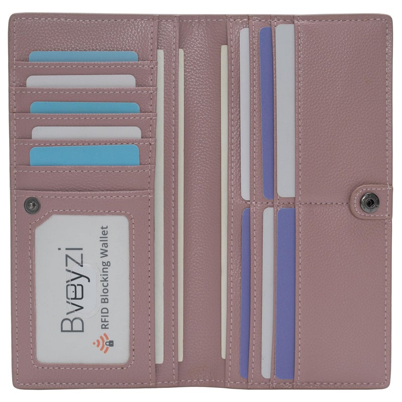 Bveyzi Ultra Slim Thin Leather RFID Blocking Credit Card Holder Bifold Clutch Wallets for Women (Dark Pink) - Image 1
