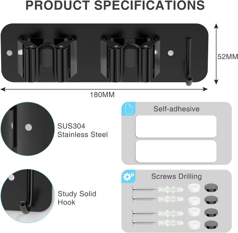 HONBAN Stainless Steel 2 Racks with 1 Hook Heavy Duty Wall Mounted Broom and Adhesive Mop Stick Holder Hanging Tools for Home Kitchen Garden Laundry Garage 1 Piece Black - Image 4