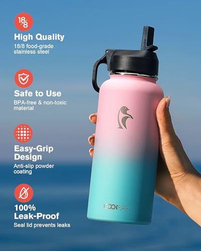 Coolflask 32 oz Insulated Water Bottle with Straw&3 Lids, Coolflask Stainless Steel Metal Flask Wide Mouth for Sports or Office, Non-BPA Keep Cold Up to 48 Hrs or Hot Up to 24 Hrs, Bubblegum Princess - Image 3