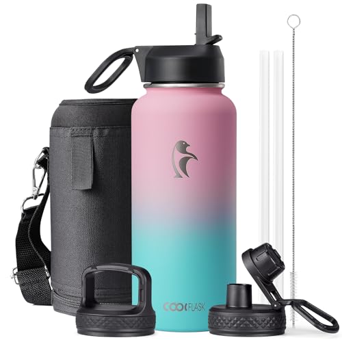 Coolflask 32 oz Insulated Water Bottle with Straw&3 Lids, Coolflask Stainless Steel Metal Flask Wide Mouth for Sports or Office, Non-BPA Keep Cold Up to 48 Hrs or Hot Up to 24 Hrs, Bubblegum Princess - Image 1