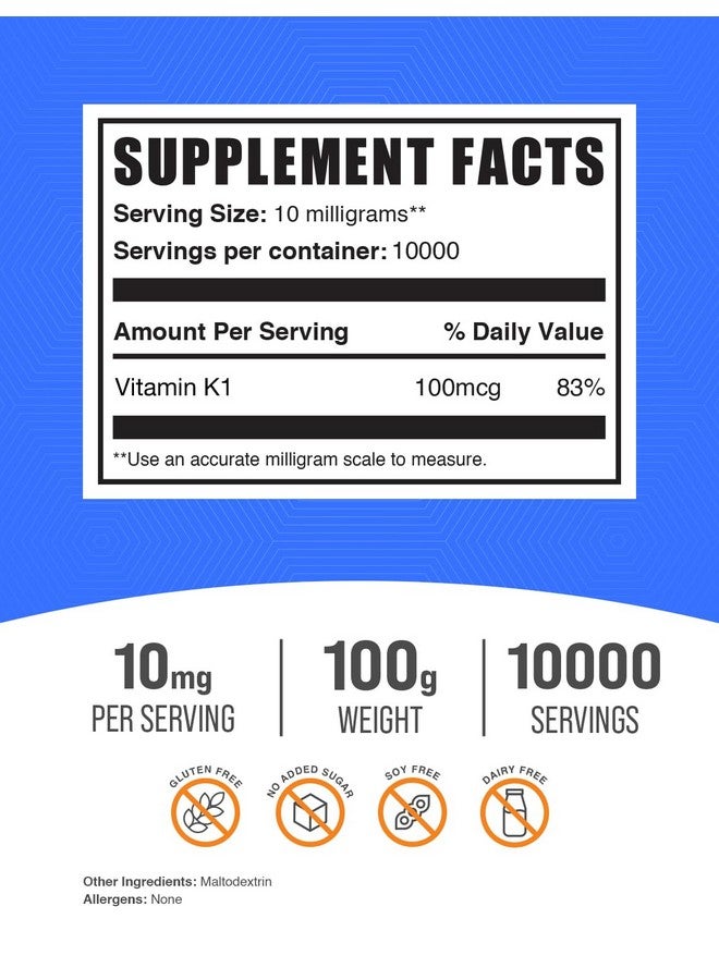 BulkSupplements.com Vitamin K1 Powder - 1%, Vitamin K Supplement, Vitamin K-1 100mcg - Gluten Free, 10mg per Serving, 100g (3.5 oz) (Pack of 1) - Image 2