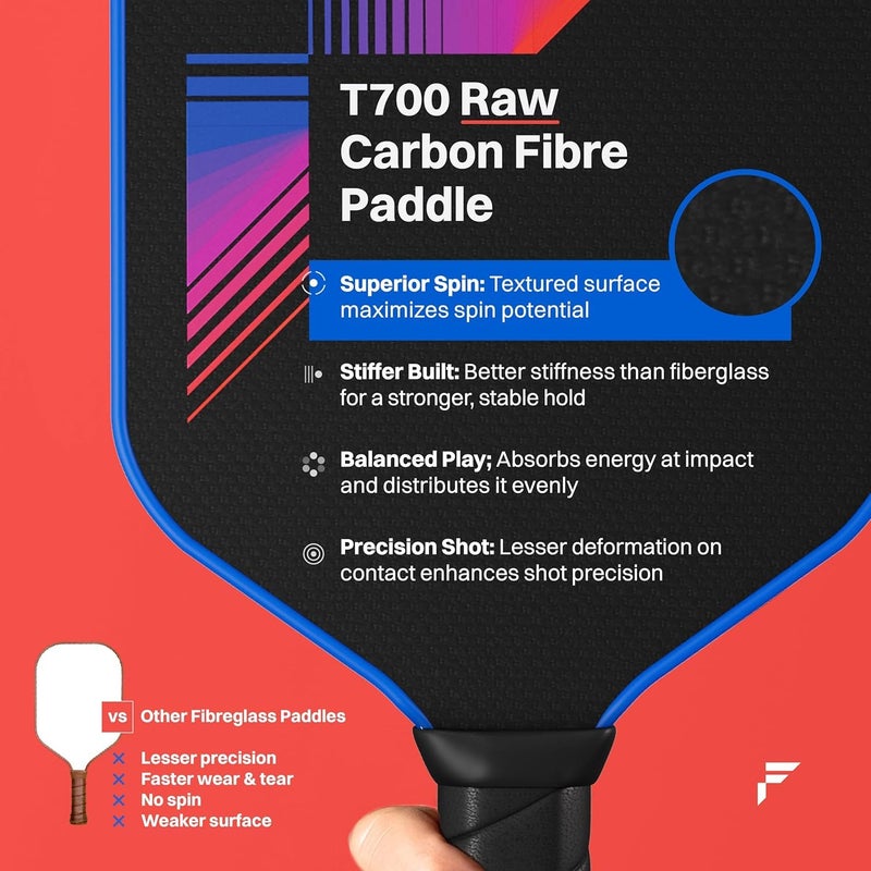 FIRSTEDGE VeloFlex T700 RAW Carbon Fibre (Spin/Textured) Thermoformed Pickleball Paddle | Carbon Friction Surface | Elongated Handle Racket | Cover Included (Set of Two) - Image 2