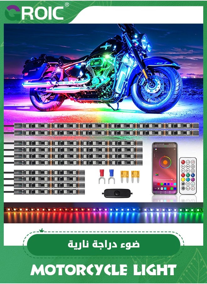 GROIC Motorcycle LED Underglow Kit w/APP/RF Remote Brake Turn Signal,10 PCS Chasing Motorcycle RGB+IC LED DC12v Chasing Effect LED Strips Light Waterproof Multicolor for Harley Kawasaki  - Image 1