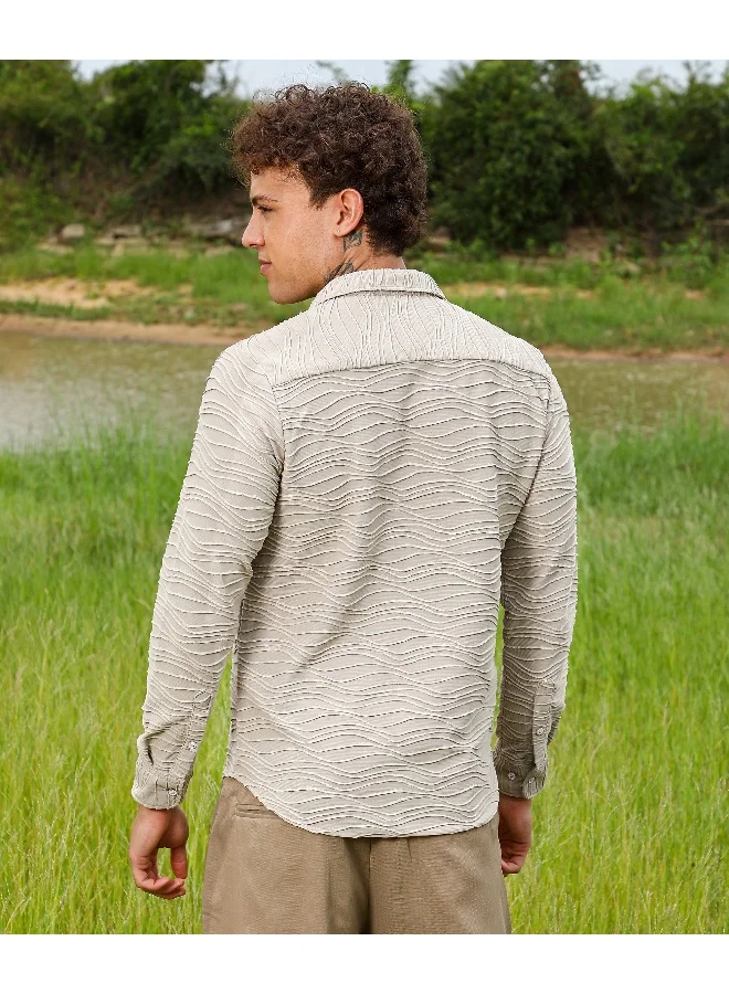 CAHOOT  Men's Cloud Grey Self-Design Wave Shirt For Casual Wear | Spread Collar | Long Sleeve | Button Closure | Shirt Crafted With Comfort Fit For Everyday Wear for Men | Best Price UAE