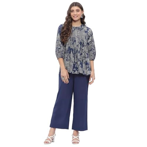 BIBA Women's Blue Cotton Straight Printed Co-ord Set_34 - Image 1