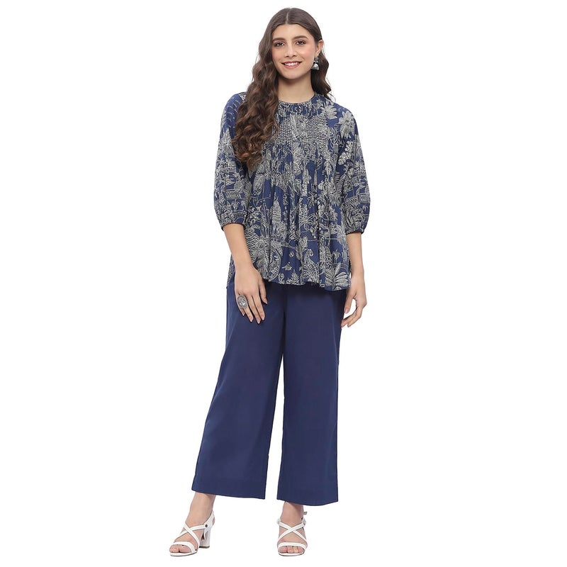 BIBA Women's Blue Cotton Straight Printed Co-ord Set_34 - Image 4