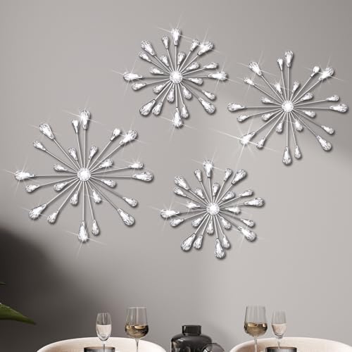 Hicarer 4 Pcs Starburst Wall Decor Bling Wall Art Crystal Teardrop 3D Hanging Rhinestone Radial Metal Artwork Modern Accent Sculptures Decorations for Living Room Home Office BedroomSilver - Image 1