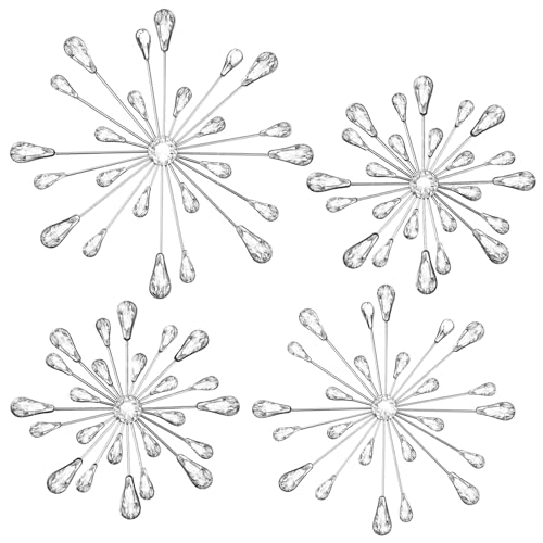 Hicarer 4 Pcs Starburst Wall Decor Bling Wall Art Crystal Teardrop 3D Hanging Rhinestone Radial Metal Artwork Modern Accent Sculptures Decorations for Living Room Home Office BedroomSilver - Image 3