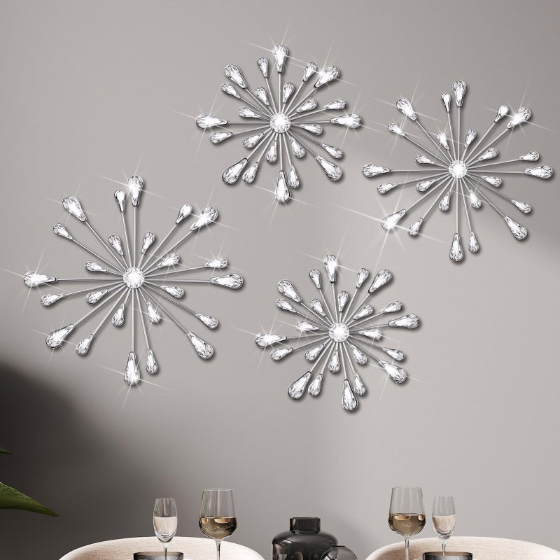 Hicarer 4 Pcs Starburst Wall Decor Bling Wall Art Crystal Teardrop 3D Hanging Rhinestone Radial Metal Artwork Modern Accent Sculptures Decorations for Living Room Home Office BedroomSilver - Image 2