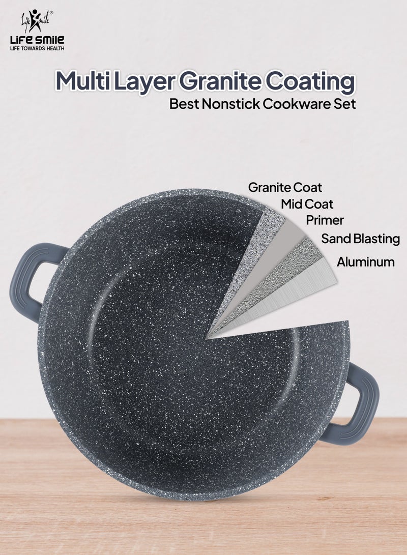 Life Smile Nonstick Cookware Set 29 pcs Cookwares-Induction Base Pots and Pans set-Granite Coating Cooking Pots set Includes 32cmx9.5L Casserole with Lid, 28cmx6.7L Casserole with Lid, 24cmx4.1L Casserole with Lid, 20cmx2.3L Casserole with Lid, 28cmx2.5L Fry pan,20cmx1L Fry pan 32cmx6.6L Shallow pot with Lid & Silicone Utensils - Image 4
