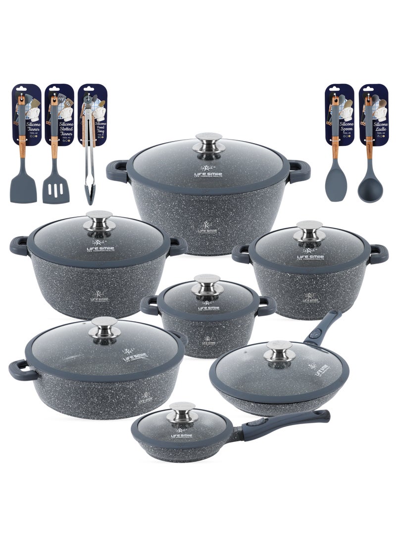 Life Smile Nonstick Cookware Set 29 pcs Cookwares-Induction Base Pots and Pans set-Granite Coating Cooking Pots set Includes 32cmx9.5L Casserole with Lid, 28cmx6.7L Casserole with Lid, 24cmx4.1L Casserole with Lid, 20cmx2.3L Casserole with Lid, 28cmx2.5L Fry pan,20cmx1L Fry pan 32cmx6.6L Shallow pot with Lid & Silicone Utensils - Image 1