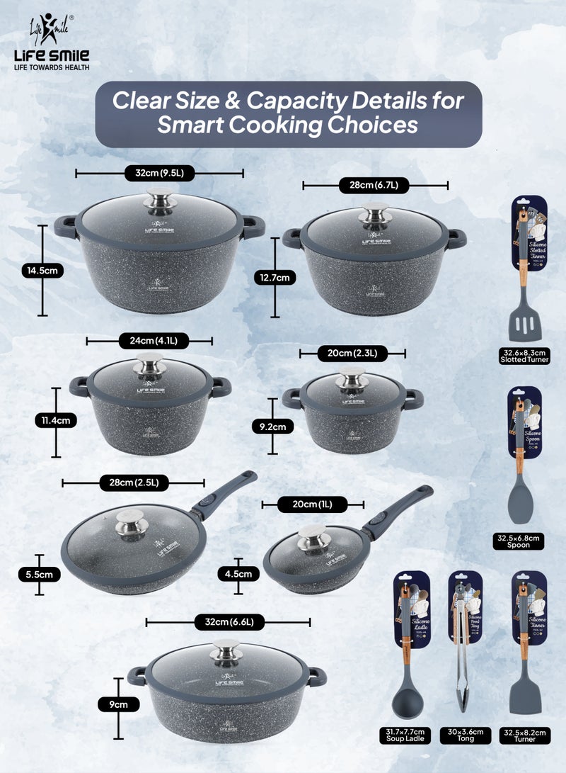 Life Smile Nonstick Cookware Set 29 pcs Cookwares-Induction Base Pots and Pans set-Granite Coating Cooking Pots set Includes 32cmx9.5L Casserole with Lid, 28cmx6.7L Casserole with Lid, 24cmx4.1L Casserole with Lid, 20cmx2.3L Casserole with Lid, 28cmx2.5L Fry pan,20cmx1L Fry pan 32cmx6.6L Shallow pot with Lid & Silicone Utensils - Image 3