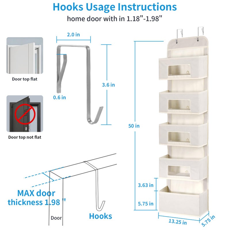 MAX Houser 5-Shelf Over The Door Hanging Organizer with 2 Metal Hooksï¼Œ5 Pocket Over The Door Wall Mount Storage with Clear Windows for Baby Nursery Bathroom Closet,Bedroom,Dorm(Beige-2 Pack) - Image 2