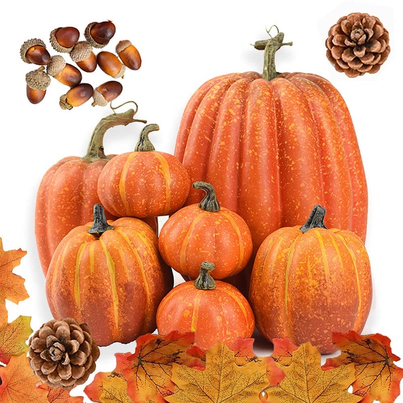 DOJoykey Autumn Decoration Set Large Size Artificial Pumpkin Maple Leaves Pine Cones Acorns for Autumn Wreath Using Fall Home Table Thanksgiving Day Halloween Party Decoration