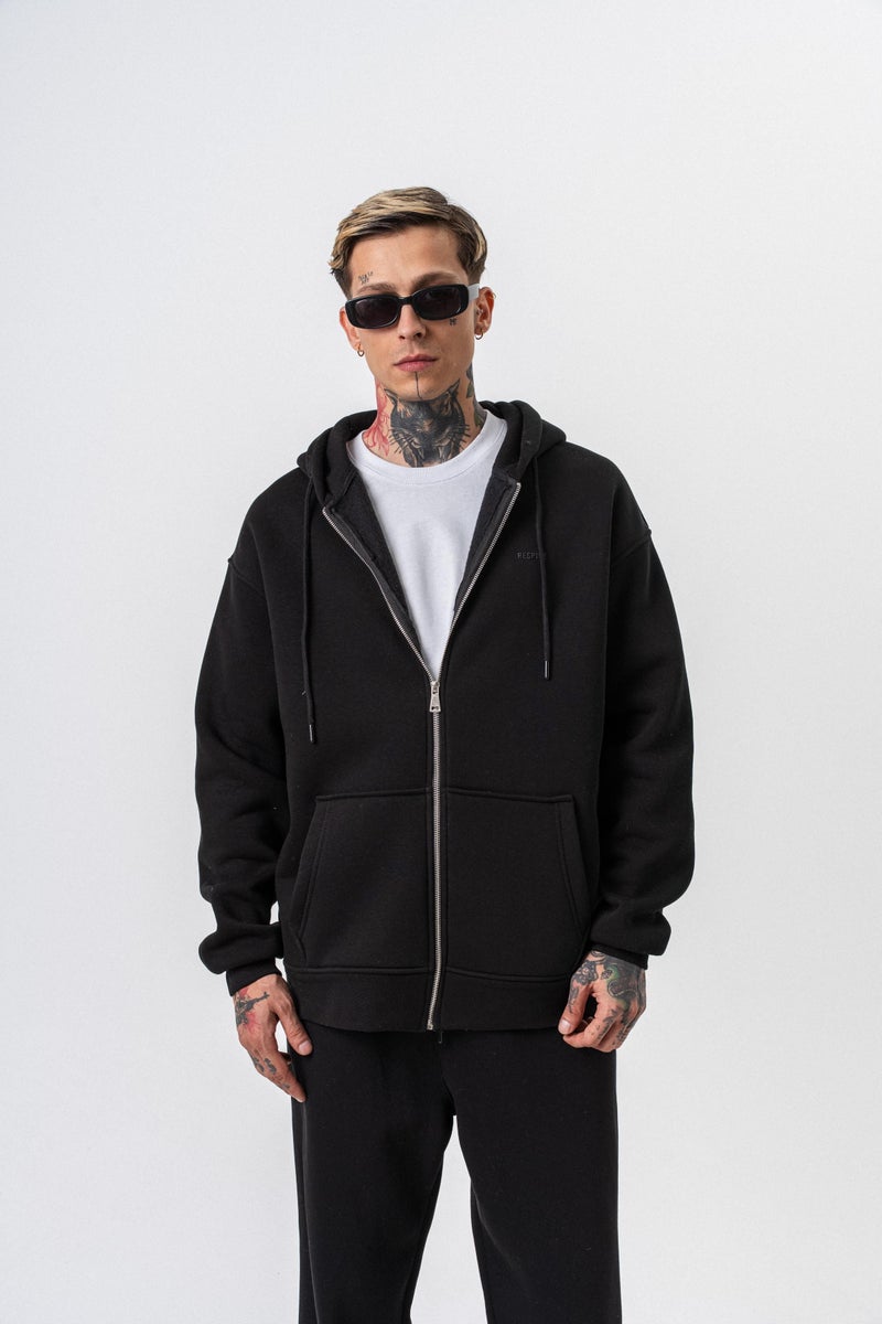 ريسباير هودي رجالي أساسي واسع (Oversize) بسحاب (Zip) بغطاء رأس بتفاصيل نص "Respire" لون أسود - Image 4