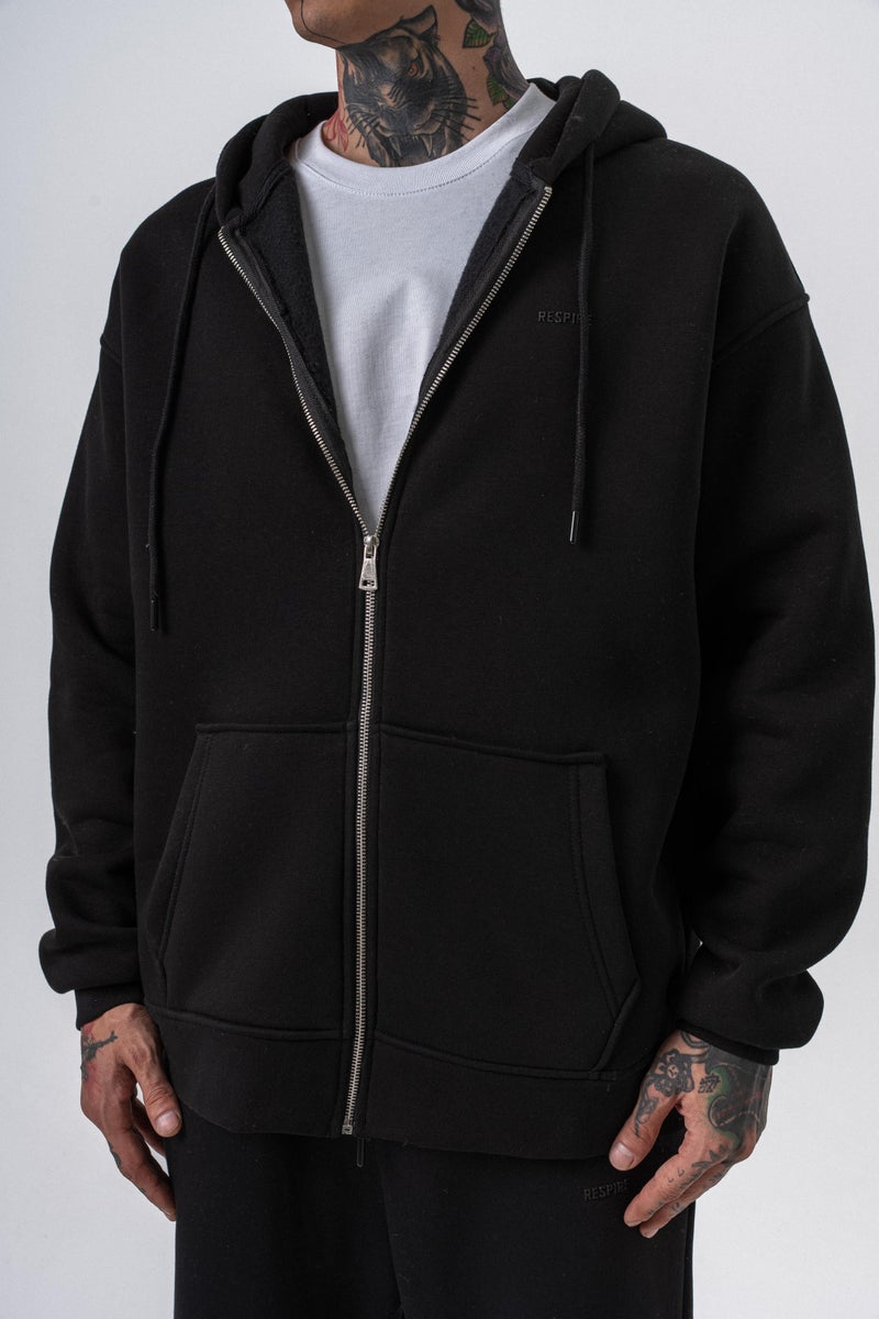 ريسباير هودي رجالي أساسي واسع (Oversize) بسحاب (Zip) بغطاء رأس بتفاصيل نص "Respire" لون أسود - Image 5