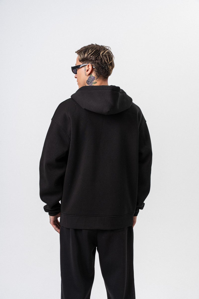 ريسباير هودي رجالي أساسي واسع (Oversize) بسحاب (Zip) بغطاء رأس بتفاصيل نص "Respire" لون أسود - Image 3