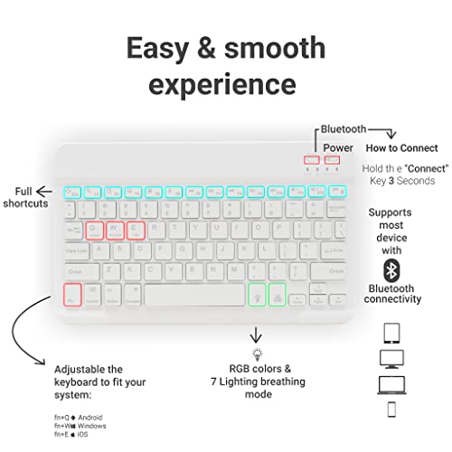 CONCEPT KART Universal Wireless Bluetooth Keyboard with 7-Colors Backlit, Ultra Light & Slim Portable Keyboard for iOS Android, Windows Tablets PC Smartphone (White) - Image 3