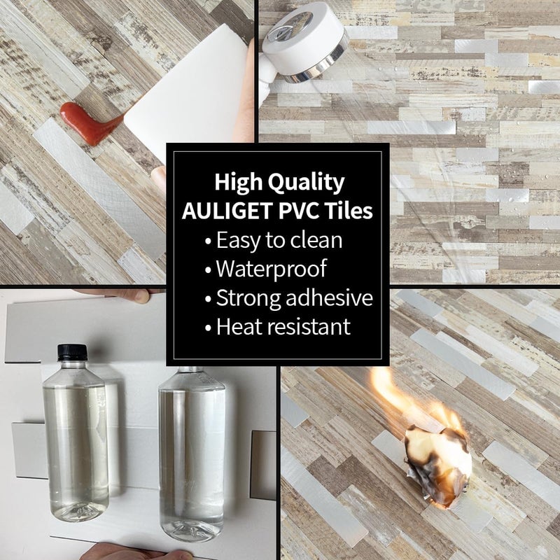 AULIGET Peel and Stick Backsplash, Beige Wood Look PVC Mixed Metal Stick on Bathroom Backsplash, 2 - Image 5