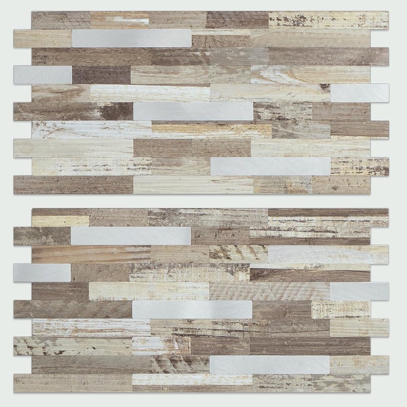 AULIGET Peel and Stick Backsplash, Beige Wood Look PVC Mixed Metal Stick on Bathroom Backsplash, 2 - Image 1