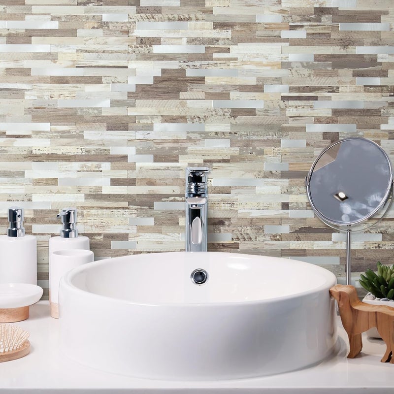 AULIGET Peel and Stick Backsplash, Beige Wood Look PVC Mixed Metal Stick on Bathroom Backsplash, 2 - Image 4