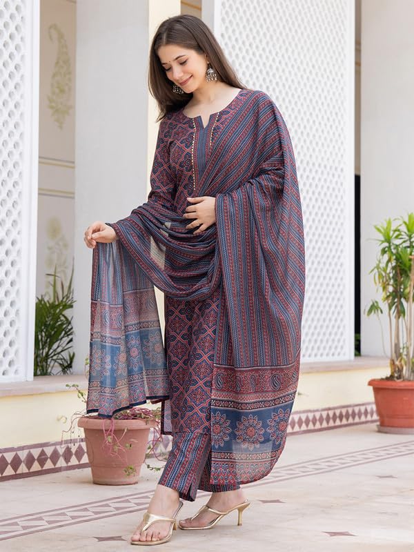 Vaamsi Women's Ethnic Motifs Straight Printed Kurta Pant With Dupatta Set (VKSKD2247_M_Blue) - Image 5
