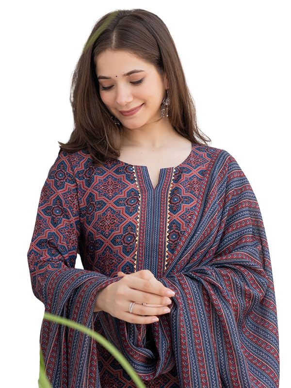 Vaamsi Women's Ethnic Motifs Straight Printed Kurta Pant With Dupatta Set (VKSKD2247_M_Blue) - Image 1