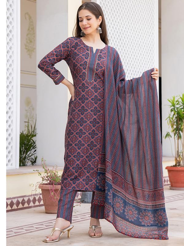 Vaamsi Women's Ethnic Motifs Straight Printed Kurta Pant With Dupatta Set (VKSKD2247_M_Blue) - Image 2