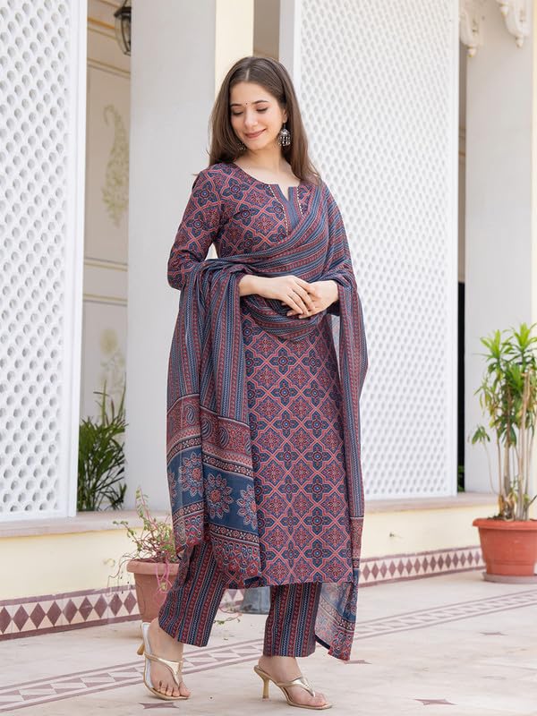 Vaamsi Women's Ethnic Motifs Straight Printed Kurta Pant With Dupatta Set (VKSKD2247_M_Blue) - Image 3