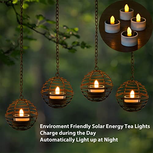 TWINKVILLA Solar Hanging Lanterns Outdoor Waterproof, Rust Iron Ball Candle Holder with Flickering Solar Powered Tea Lights, Perfect Chargeable Solar Lights for Backyard Patio Garden Fence Tree Decoration-4Pack - Image 4