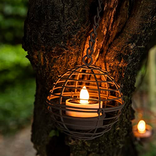 TWINKVILLA Solar Hanging Lanterns Outdoor Waterproof, Rust Iron Ball Candle Holder with Flickering Solar Powered Tea Lights, Perfect Chargeable Solar Lights for Backyard Patio Garden Fence Tree Decoration-4Pack - Image 2