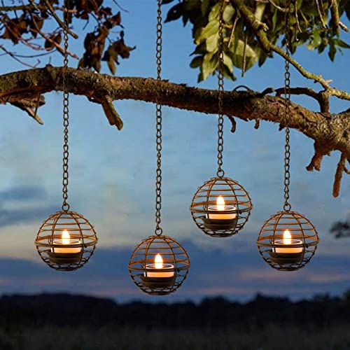 TWINKVILLA Solar Hanging Lanterns Outdoor Waterproof, Rust Iron Ball Candle Holder with Flickering Solar Powered Tea Lights, Perfect Chargeable Solar Lights for Backyard Patio Garden Fence Tree Decoration-4Pack - Image 1