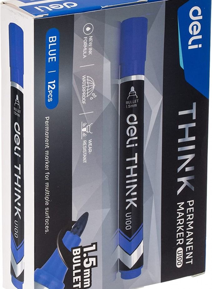 Deli 12-Piece Permanent Marker Blue Bullet EU10030 1.5mm Low Odour Ink - Image 4