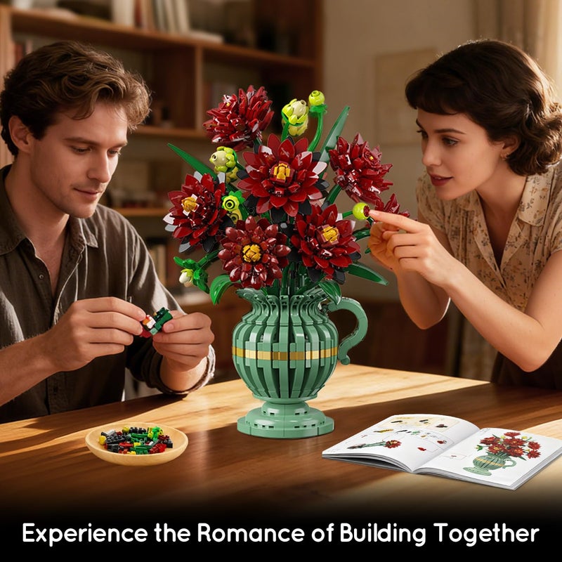 PLAXSOON Dahlia Flowers Building Set with Vase, Easter Flower Bouquet Botanical Collection Building Block Toy, 1482 PCS Gothic Artificial Plant Bonsai Kit Gift for Her Adults Kids Girls 12+ - Image 3