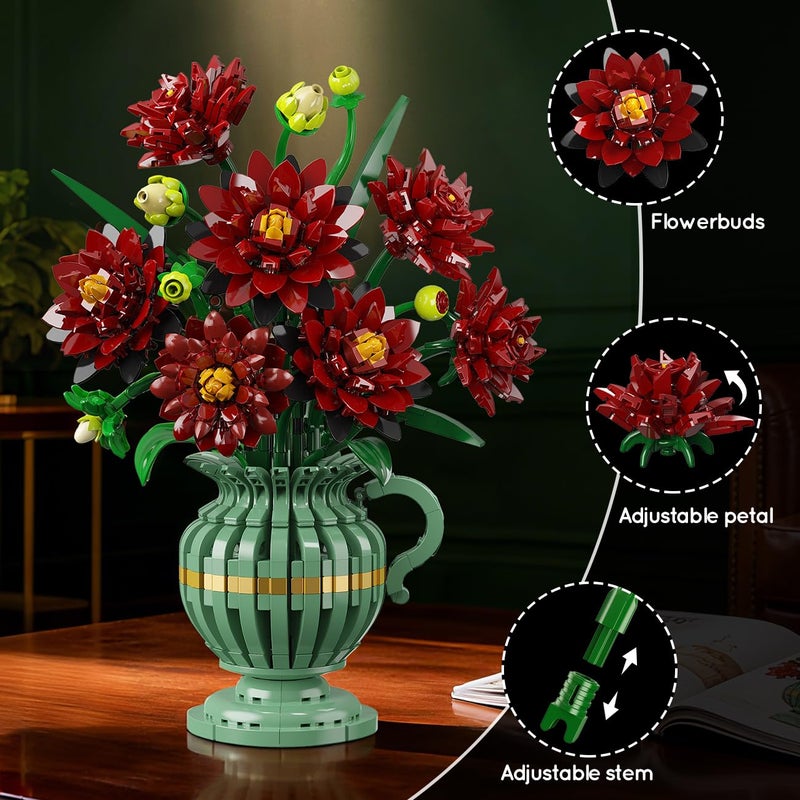 PLAXSOON Dahlia Flowers Building Set with Vase, Easter Flower Bouquet Botanical Collection Building Block Toy, 1482 PCS Gothic Artificial Plant Bonsai Kit Gift for Her Adults Kids Girls 12+ - Image 4