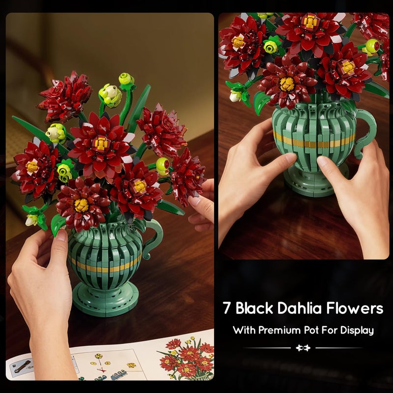 PLAXSOON Dahlia Flowers Building Set with Vase, Easter Flower Bouquet Botanical Collection Building Block Toy, 1482 PCS Gothic Artificial Plant Bonsai Kit Gift for Her Adults Kids Girls 12+ - Image 5