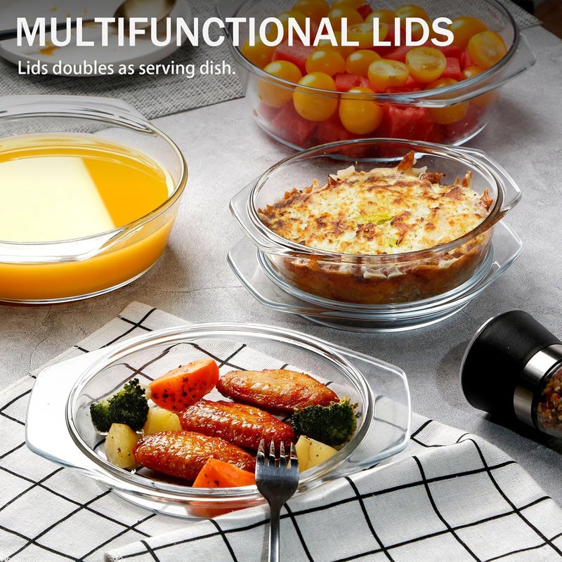 NUTRIUPS طقم أطباق كسرولة زجاجية مستديرة، أواني كسرولة مع غطاء زجاجي، طبق كسرولة مع غطاء (طقم من 3-0.65 لتر + 1 لتر + 1.4 لتر) - Image 4