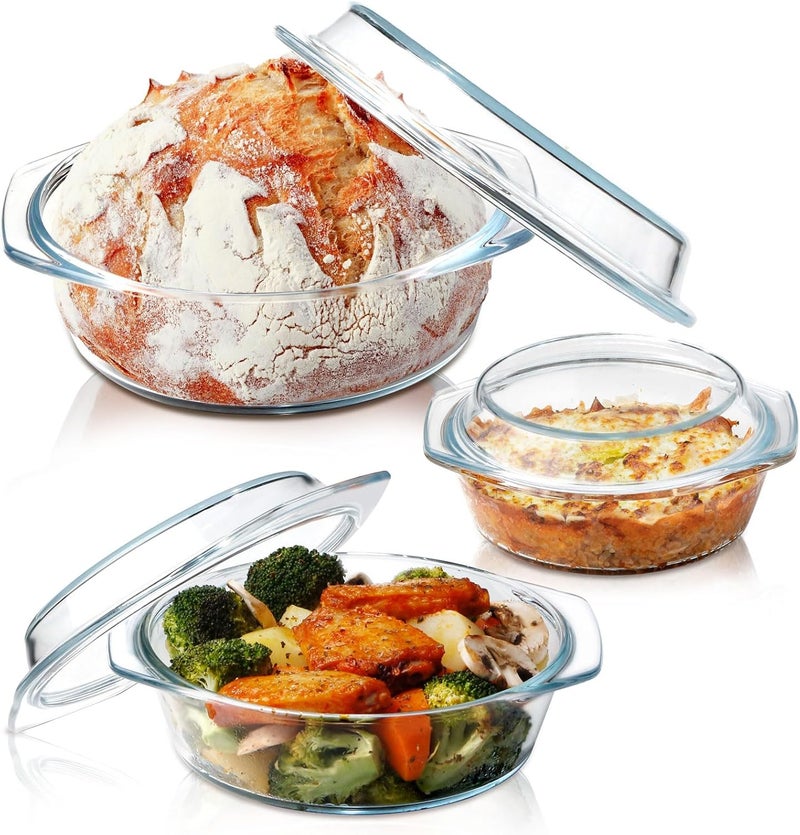 NUTRIUPS طقم أطباق كسرولة زجاجية مستديرة، أواني كسرولة مع غطاء زجاجي، طبق كسرولة مع غطاء (طقم من 3-0.65 لتر + 1 لتر + 1.4 لتر) - Image 1