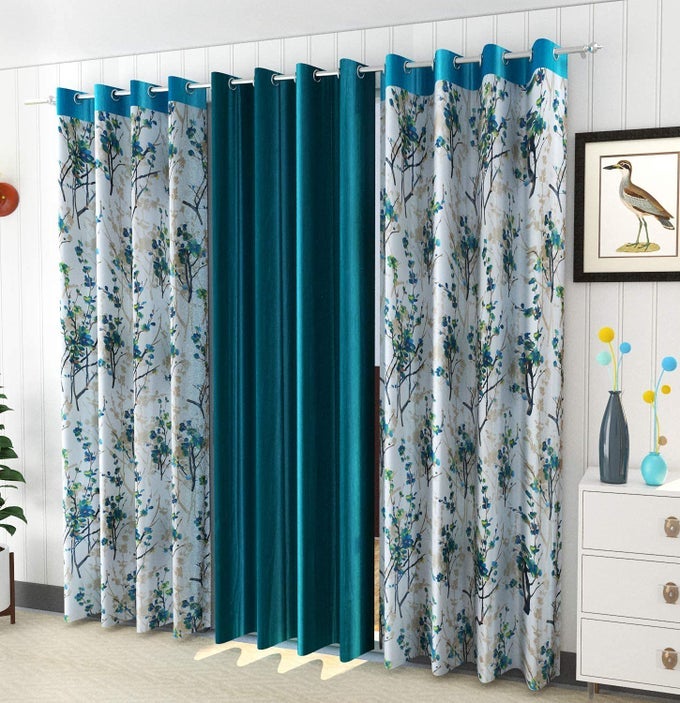 PLAIN SOLID AND FLORAL 3D DIGITAL PRINTED HEAVY LONG CRUSH POLYESTER FABRIC EYELETS CURTAINS COMBO OF 3 FOR LIVING ROOM BEDROOM SET OF 3 AQUA 4 FEET X 7 FEETGROMMET CURTAINS