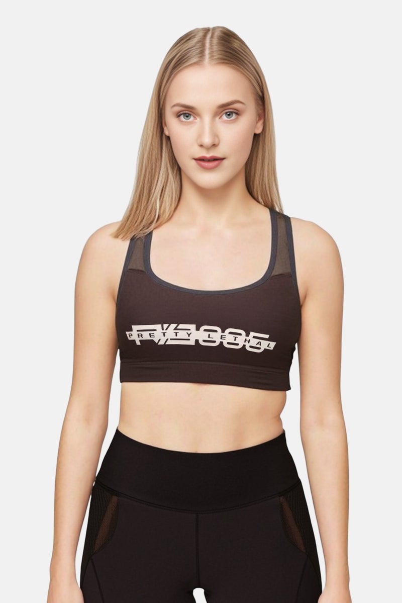 Reebok Women Graphic Print Padded Sports Bra, Dark Brown - Image 1