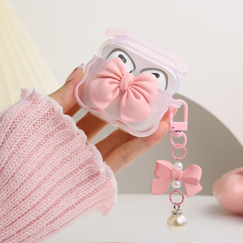 QLD COVER Compatible with Apple AirPods 3 Generation 2021 Case Cover, Cute 3D Bow Tie Design Shockproof Soft Clear TPU Kawaii Airpods 3 Protector with Keychain for Women Girls, Bow Pink - Image 5