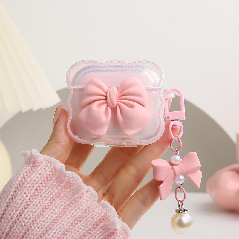 QLD COVER Compatible with Apple AirPods 3 Generation 2021 Case Cover, Cute 3D Bow Tie Design Shockproof Soft Clear TPU Kawaii Airpods 3 Protector with Keychain for Women Girls, Bow Pink - Image 1