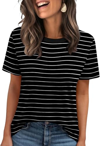 Jescakoo Tshirts for Womens Casual Summer Round Neck Striped Tops Black L - Image 1