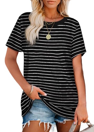 Jescakoo Tshirts for Womens Casual Summer Round Neck Striped Tops Black L - Image 2