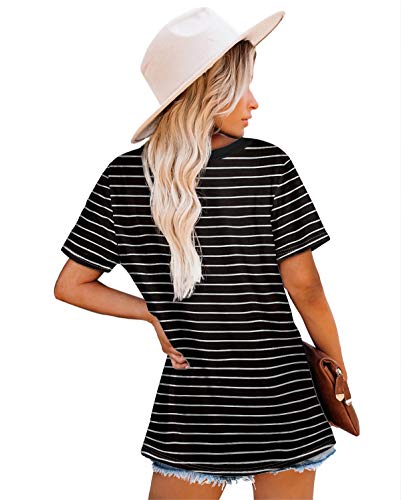 Jescakoo Tshirts for Womens Casual Summer Round Neck Striped Tops Black L - Image 5